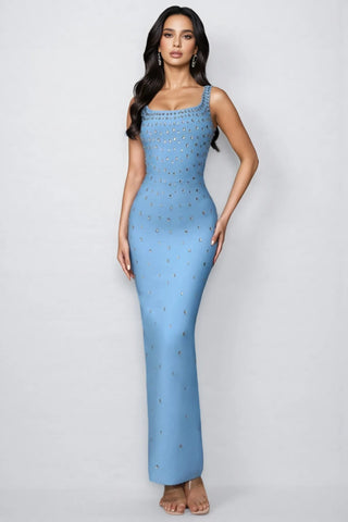 Luxury Rhinestone U-Neck Sleeveless Bandage  Elegant Bodycon Fit Long Dress