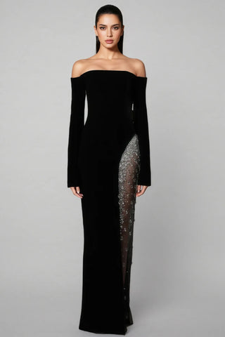 Off-Shoulder Long Sleeve Long Dress with Crystal-Embellished Sheer Panel