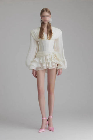 V-Neck Puff Long Sleeve Mini Dress with Corset Waist and Ruffle Skirt