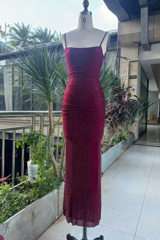 Hot Diamond Sparkle Bodycon Long Dress with Sculpted Pleats and Backless Cut