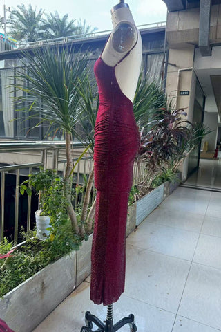 Hot Diamond Sparkle Bodycon Long Dress with Sculpted Pleats and Backless Cut