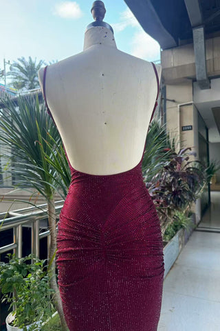 Hot Diamond Sparkle Bodycon Long Dress with Sculpted Pleats and Backless Cut