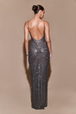 Hot Diamond Sparkle Bodycon Long Dress with Sculpted Pleats and Backless Cut