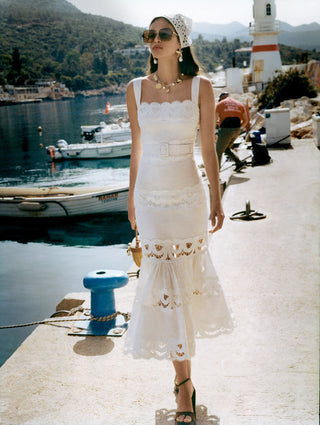 Statement Lace Cutwork Belted Tiered Long Dress