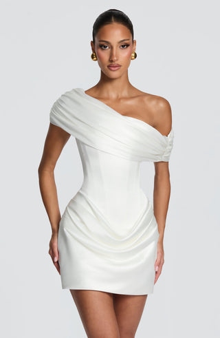 Satin Draped Off-Shoulder Sleeveless Mini Dress with Lace-Up Back