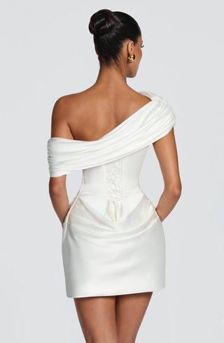 Satin Draped Off-Shoulder Sleeveless Mini Dress with Lace-Up Back