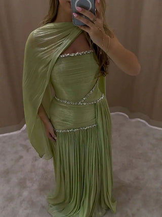 Crystal Trim Draped Scarf Long Dress
