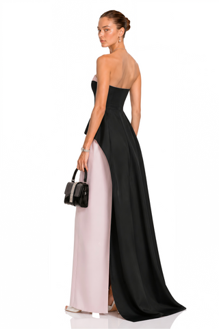 Strapless Satin Peplum Long Dress with Contrast Panel