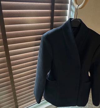 Black Asymmetrical Wool Midi Coat with Waist Detail