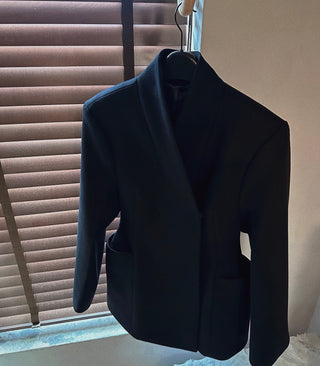 Black Asymmetrical Wool Midi Coat with Waist Detail