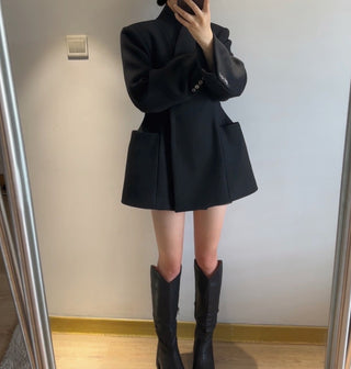 Black Asymmetrical Wool Midi Coat with Waist Detail