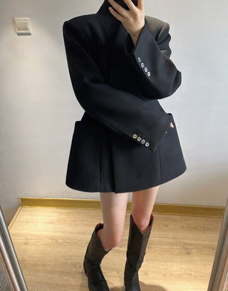 Black Asymmetrical Wool Midi Coat with Waist Detail