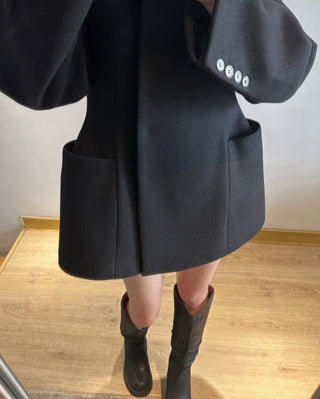 Black Asymmetrical Wool Midi Coat with Waist Detail