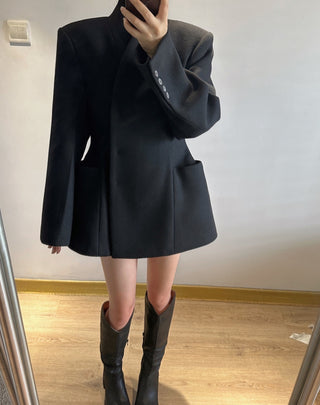 Black Asymmetrical Wool Midi Coat with Waist Detail