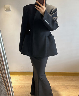 Black Asymmetrical Wool Midi Coat with Waist Detail