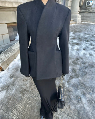 Black Asymmetrical Wool Midi Coat with Waist Detail