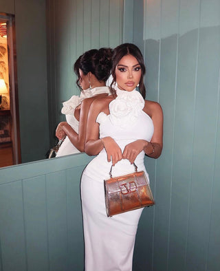 Athena White Halter Flower Grecian Long Dress