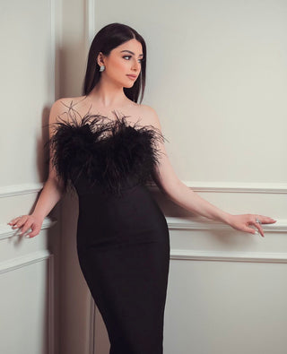 Kylie Elegant Strapless Bandage Feather Long Dress