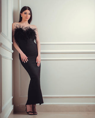 Kylie Elegant Strapless Bandage Feather Long Dress