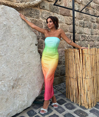 Rainbow Strapless Backless Long Dress