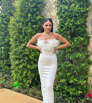 Kylie Elegant Strapless Bandage Feather Long Dress