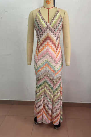 Multicolor Zigzag Knit Long Dress with Spaghetti Straps and Open Back