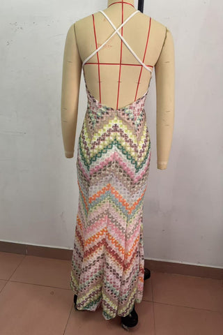 Multicolor Zigzag Knit Long Dress with Spaghetti Straps and Open Back