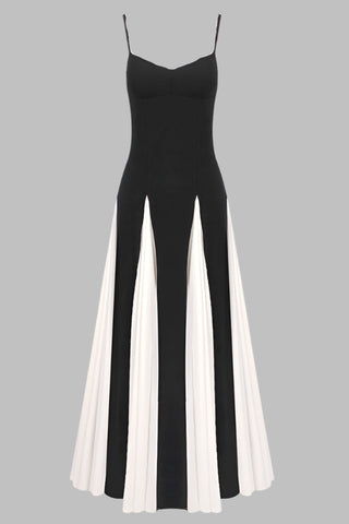 Spaghetti Strap Black & White Pleated Long Dress