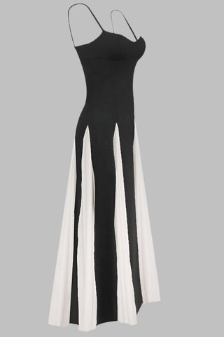 Spaghetti Strap Black & White Pleated Long Dress