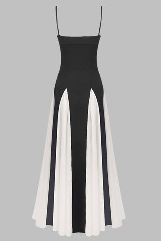 Spaghetti Strap Black & White Pleated Long Dress