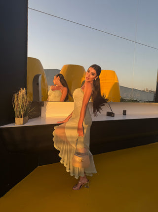 Elegant Sleeveless Long Mesh Dress with Ruffled Details