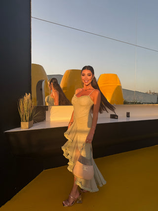 Elegant Sleeveless Long Mesh Dress with Ruffled Details