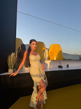 Elegant Sleeveless Long Mesh Dress with Ruffled Details