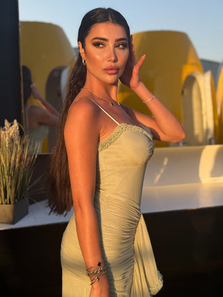 Elegant Sleeveless Long Mesh Dress with Ruffled Details