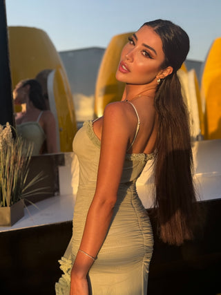 Elegant Sleeveless Long Mesh Dress with Ruffled Details