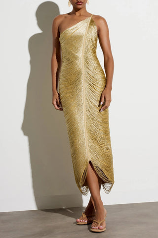 One-Shoulder Metallic Fringe Bandage Midi Dress with Back Slit