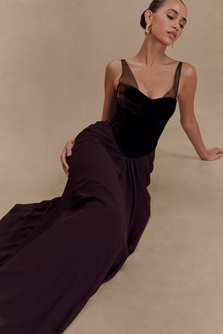Sleeveless Velvet Corset Long Dress with Mesh Straps & Draped Chiffon Skirt