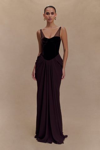 Sleeveless Velvet Corset Long Dress with Mesh Straps & Draped Chiffon Skirt
