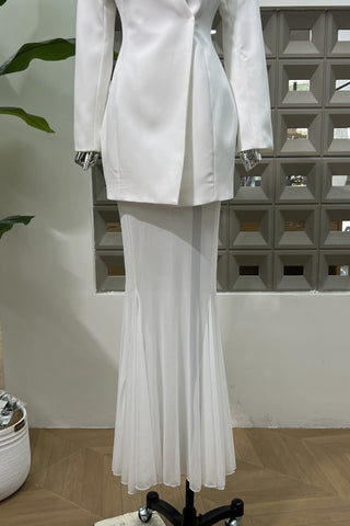 Long-Sleeve Structured Crepe Blazer & Pleated Mesh Skirt Set – Tailored Design