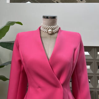 Long-Sleeve Structured Crepe Blazer & Pleated Mesh Skirt Set – Tailored Design