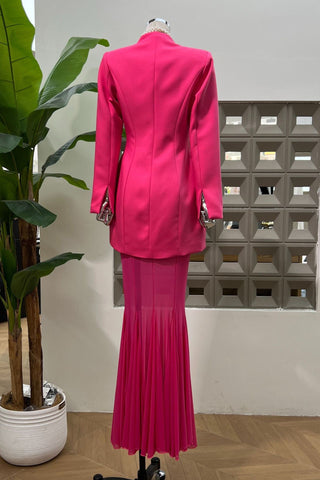 Long-Sleeve Structured Crepe Blazer & Pleated Mesh Skirt Set – Tailored Design