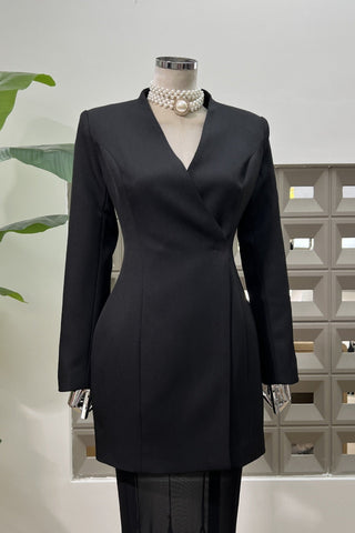 Long-Sleeve Structured Crepe Blazer & Pleated Mesh Skirt Set – Tailored Design