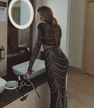 Black Rhinestone Chain Embellished Two-Piece Set: Cropped Top and Maxi Skirt