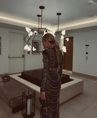 Black Rhinestone Chain Embellished Two-Piece Set: Cropped Top and Maxi Skirt