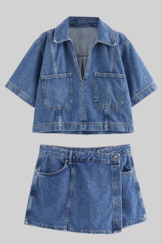 Short Sleeve Denim Top & Asymmetric Skort Set