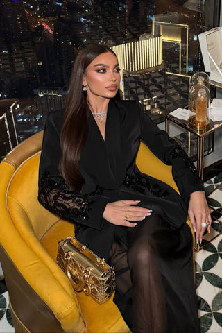 Embellished Blazer & Sheer Wide-Leg Pant Set