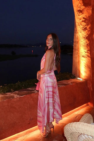 Two-Piece Satin Halter Top and Asymmetric Skirt Set with Abstract Print