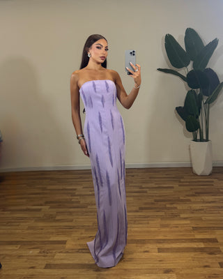 Strapless Lavender Beaded Long Crepe Dress with Fringe Embellishments