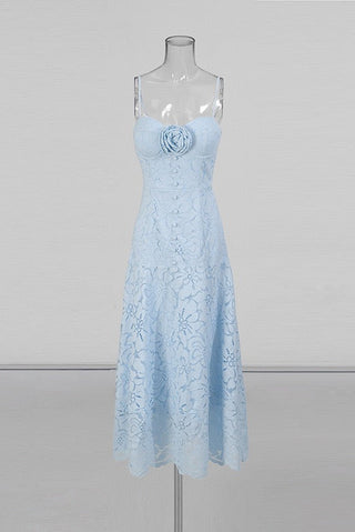 Sleeveless Floral Lace Midi Dress with Sweetheart Neckline and 3D Rose Detail