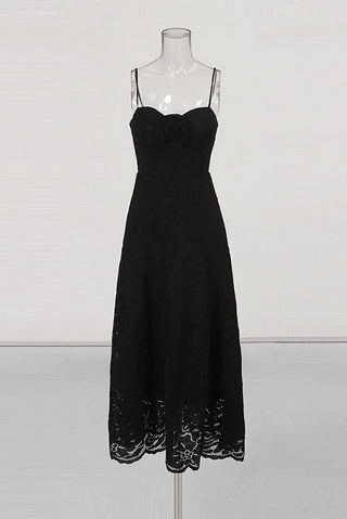 Sleeveless Floral Lace Midi Dress with Sweetheart Neckline and 3D Rose Detail